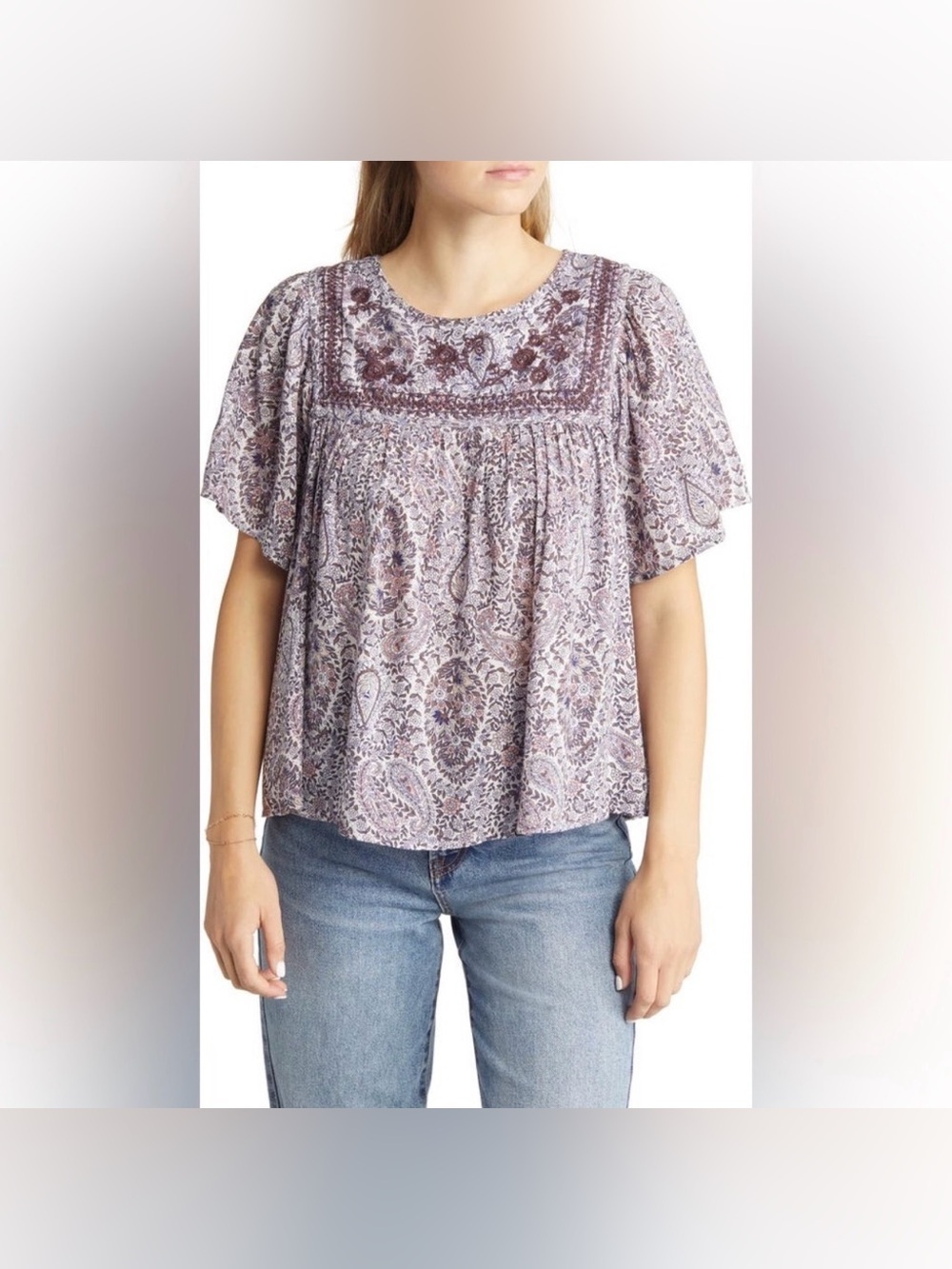 Lucky Brand Women's Purple Paisley Embroidered Flutter Sleeve Printed Top Boho
